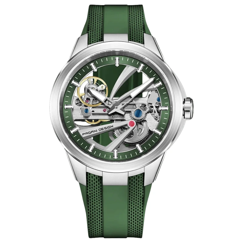 Чоловічий механічний годинник Pagani Design PD-YS030 Silver-Green Rubber з сапфіровим склом