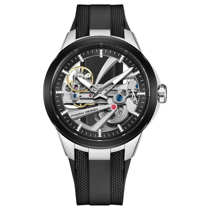 Чоловічий механічний годинник Pagani Design PD-YS030 Silver-Black Rubber з сапфіровим склом