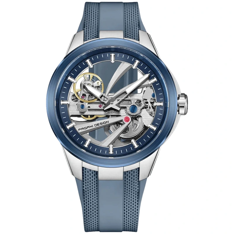 Чоловічий механічний годинник Pagani Design PD-YS030 Silver-Blue Rubber з сапфіровим склом та автопідзаводом