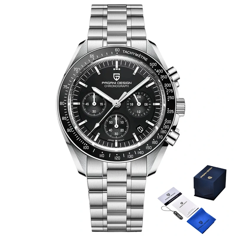 Чоловічий годинник Pagani Design PD-1701 Silver-Black з сапфіровим склом та механізмом Seiko VK63 — Pagani Design