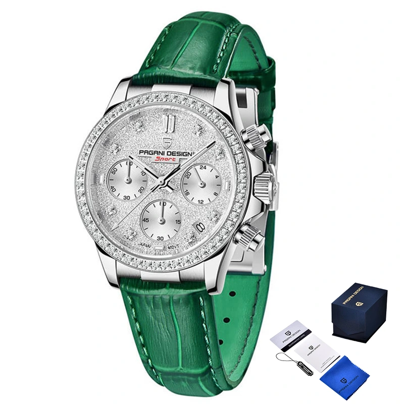 Жіночий годинник Pagani Design PD-1730 Silver-Green з сапфіровим склом та японським хронографом — Pagani Design
