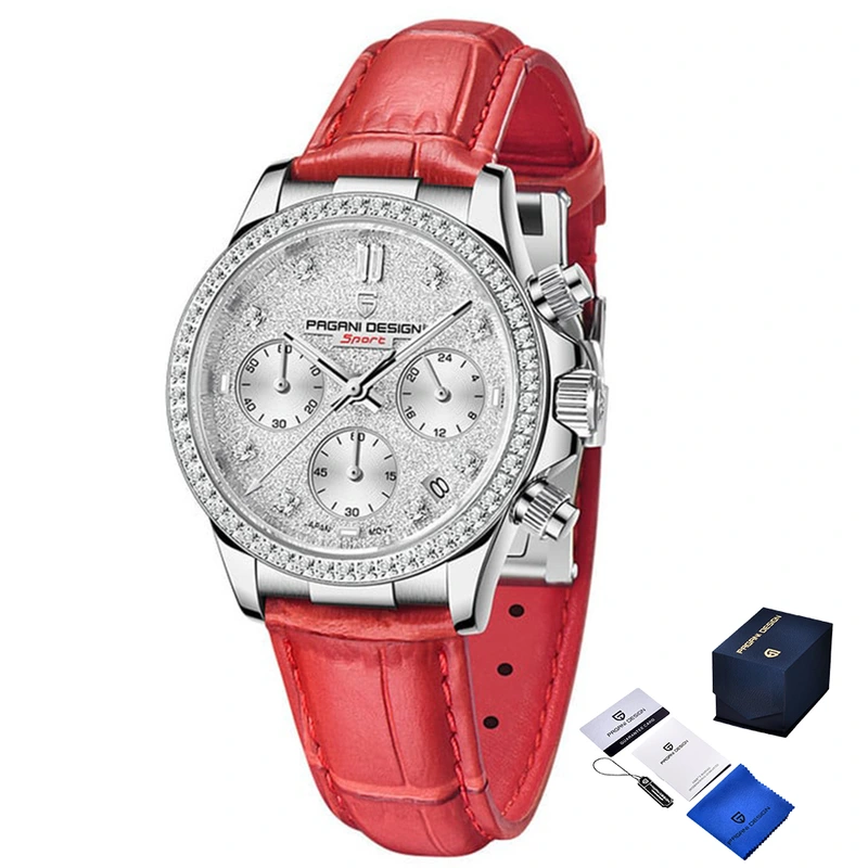 Жіночий годинник Pagani Design PD-1730 Silver-Red з сапфіровим склом та хронографом — Pagani Design