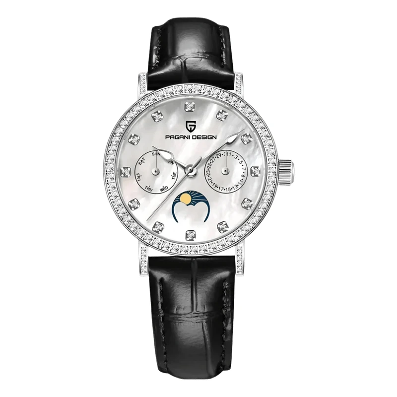 Жіночий годинник Pagani Design PD-1789 Silver-White-Black Leather з сапфіровим склом та фазами Місяця