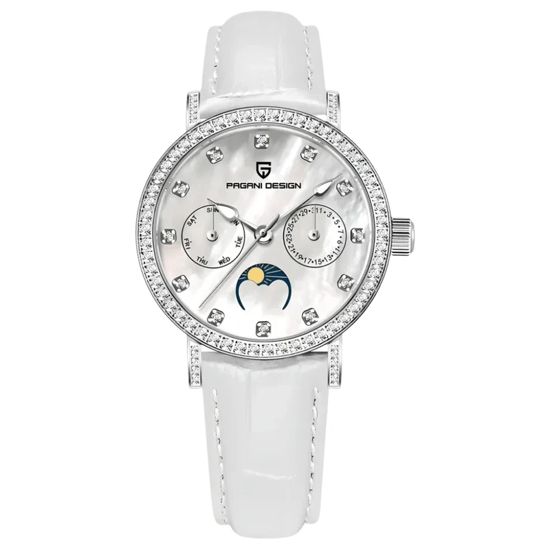Жіночий годинник Pagani Design PD-1789 Silver-White-White Leather з фазами Місяця та сапфіровим склом — Pagani Design