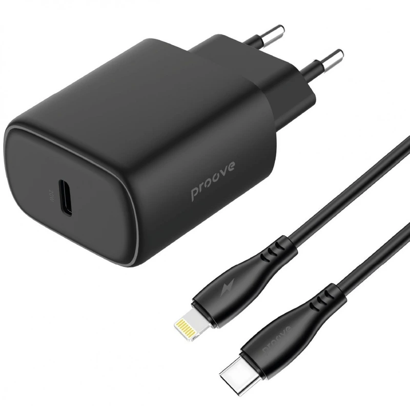 МЗП Proove Silicone Power 2 20W (Type-C) + Кабель Type-C to Lightning (1m) black — Proove