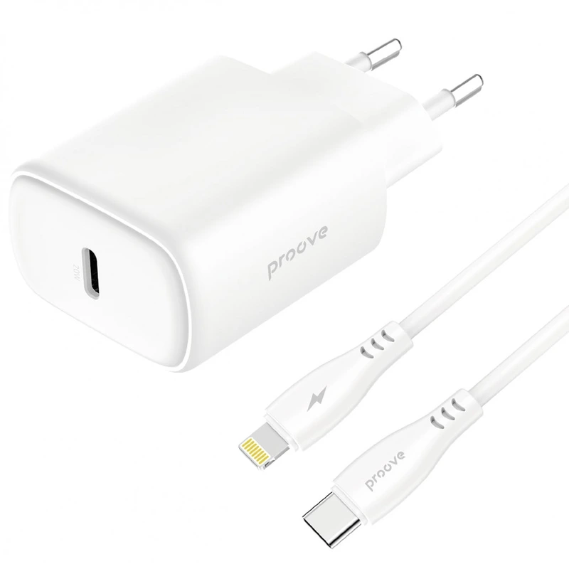 МЗП Proove Silicone Power 2 20W (Type-C) + Кабель Type-C to Lightning (1m) white — Proove