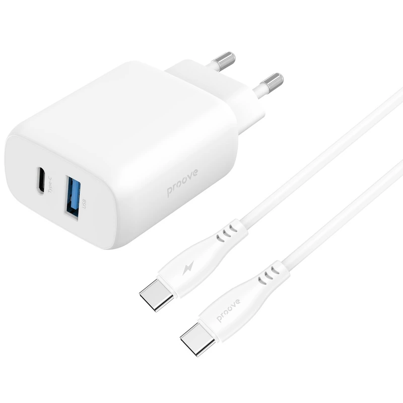 МЗП Proove Silicone Power 2 30W (Type-C + USB) +  КабельType-C to Type-C (1m) white