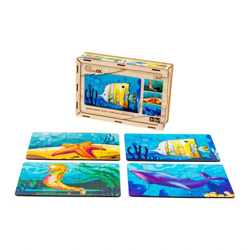 Дитячий дерев'яний пазл Морські жителі 4 в 1 Puz-57896, 80 елементів — PuzzleOK