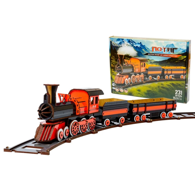 Дерев'яний 3D конструктор "Потяг" Puz-00924, 231 деталь — PuzzleOK