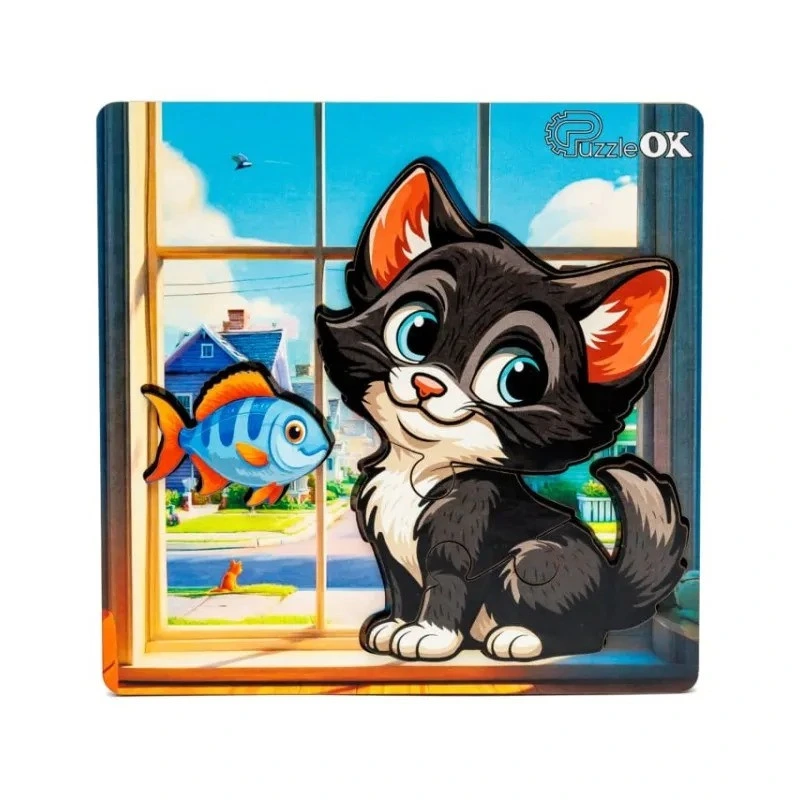 Дерев'яний пазл-вкладиш "Допитливий котик" Puz-88751 А6, 4 елементи — PuzzleOK