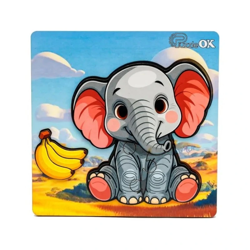 Дерев'яний пазл-вкладиш "Веселе слоненя" Puz-88752 А6, 4 елементи — PuzzleOK