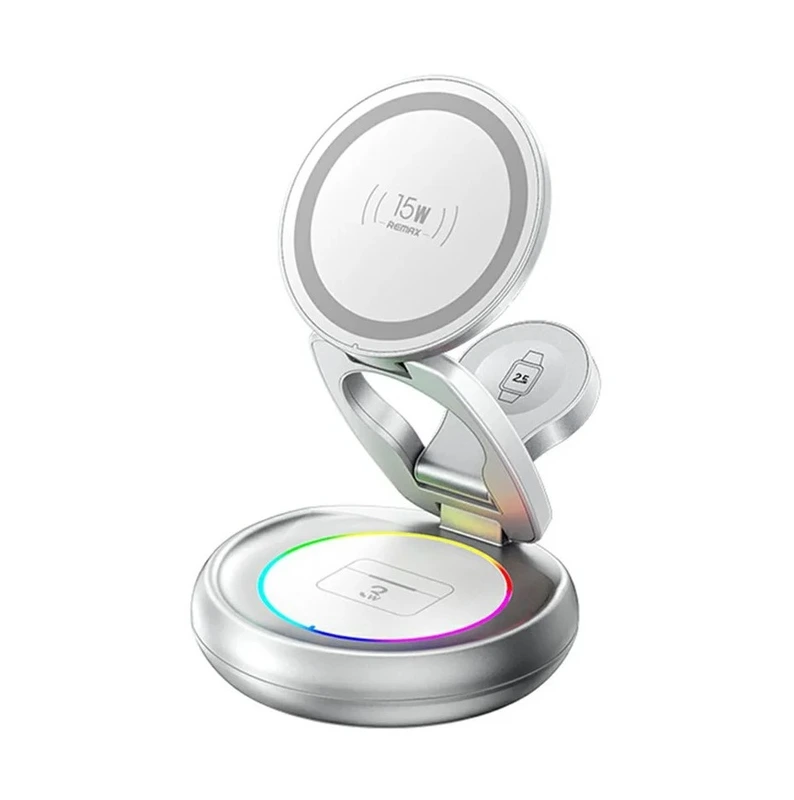 Бездротовий зарядний пристрій REMAX 20.5W Upgrade free metal foldable rotatable magnetic 3 in 1 wireless charger CW05 Sliver