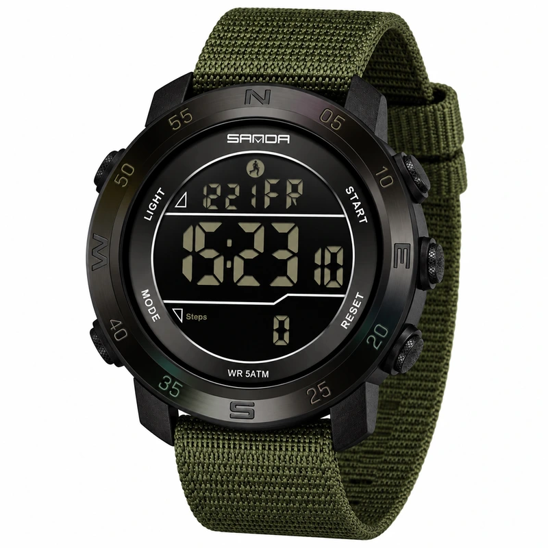 Чоловічий тактичний годинник Sanda 2213 Nylon Black-Green з електронним циферблатом та підсвічуванням — Sanda