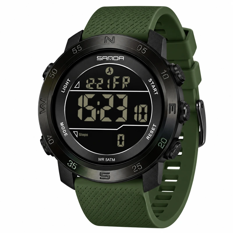 Чоловічий тактичний годинник Sanda 2213 Silicone Army Green з електронним циферблатом та підсвічуванням — Sanda