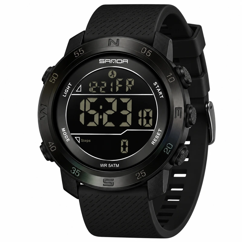 Тактичний годинник Sanda 2213 Silicone All Black з електронним циферблатом та підсвічуванням — Sanda
