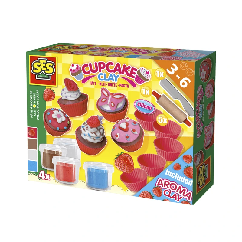 Маса для ліплення, що не засихає - ФРУКТОВІ КЕКСИ (4 кольори, в пластикових баночках, аксесуари) — SES Creative