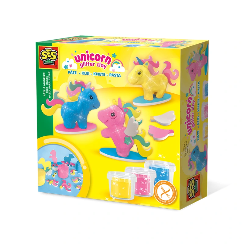 Незасихаюча маса для ліплення - ЄДИНОРOГИ (3 кольори з блискітками, в пластикових баночках, аксесуари) — SES Creative