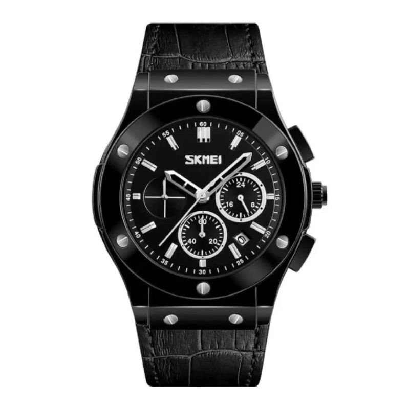 Чоловічий годинник Skmei 9157BK Black leather з хронографом та шкіряним ремінцем