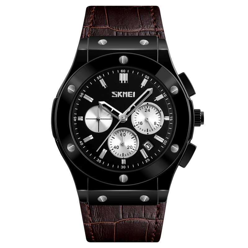 Чоловічий наручний годинник Skmei 9157BN Brown leather з хронографом та шкіряним ремінцем
