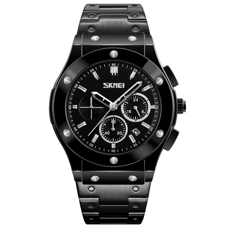 Чоловічий наручний годинник Skmei 9157SBK Black-Steel зі сталевим браслетом — Skmei