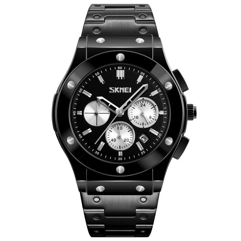 Чоловічий наручний годинник Skmei 9157SBKSI Black-Silver-Steel зі сталевим браслетом та календарем