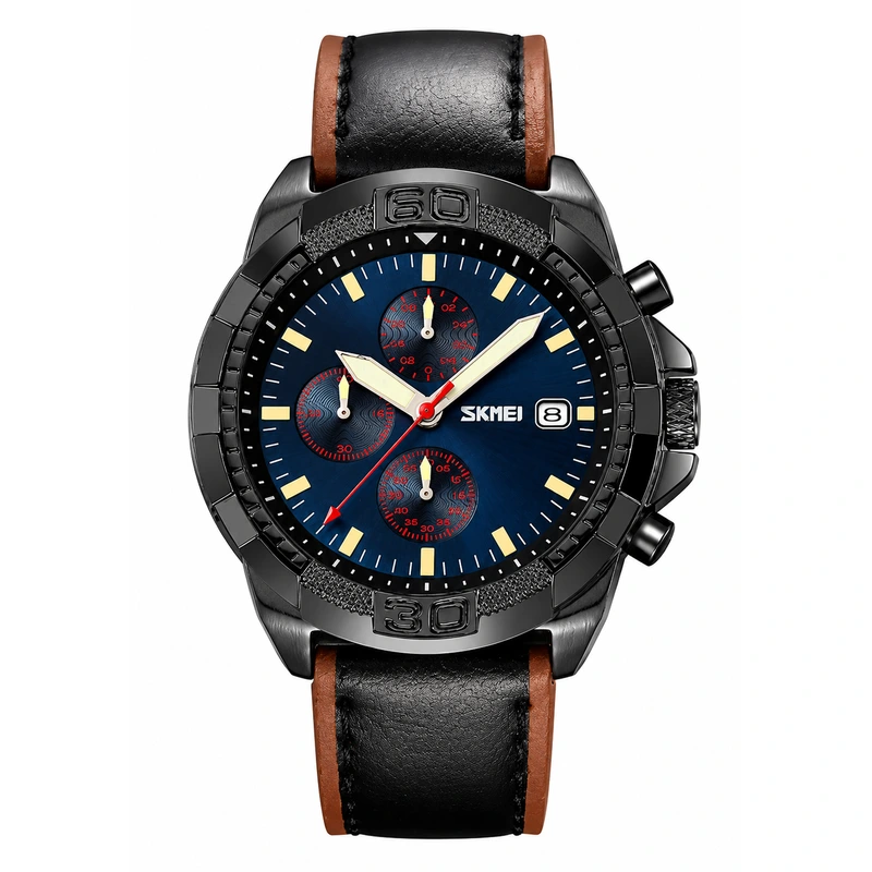 Чоловічий наручний годинник Skmei 9347BKBU Black-Blue з хронографом та шкіряним ремінцем — Skmei