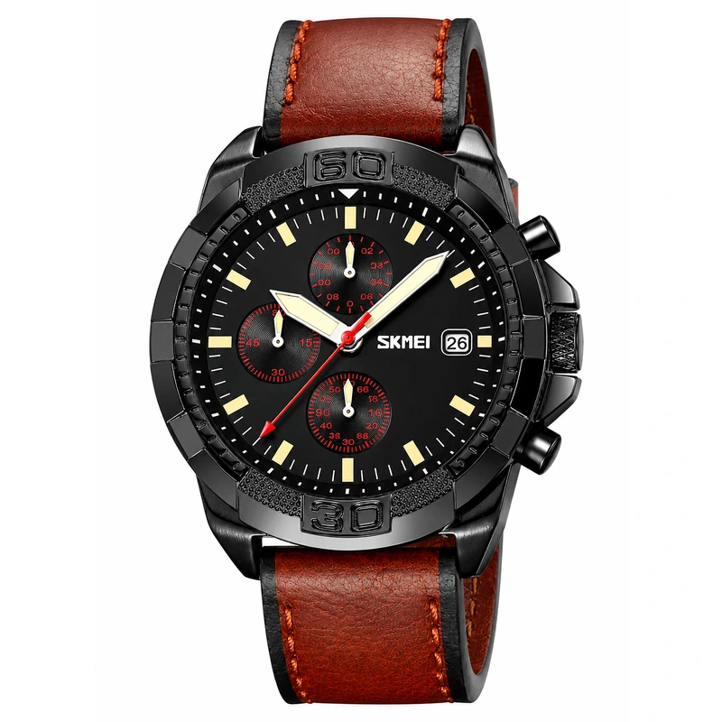 Чоловічий наручний годинник Skmei 9347BNBK Brown-Black з хронографом та шкіряним ремінцем — Skmei