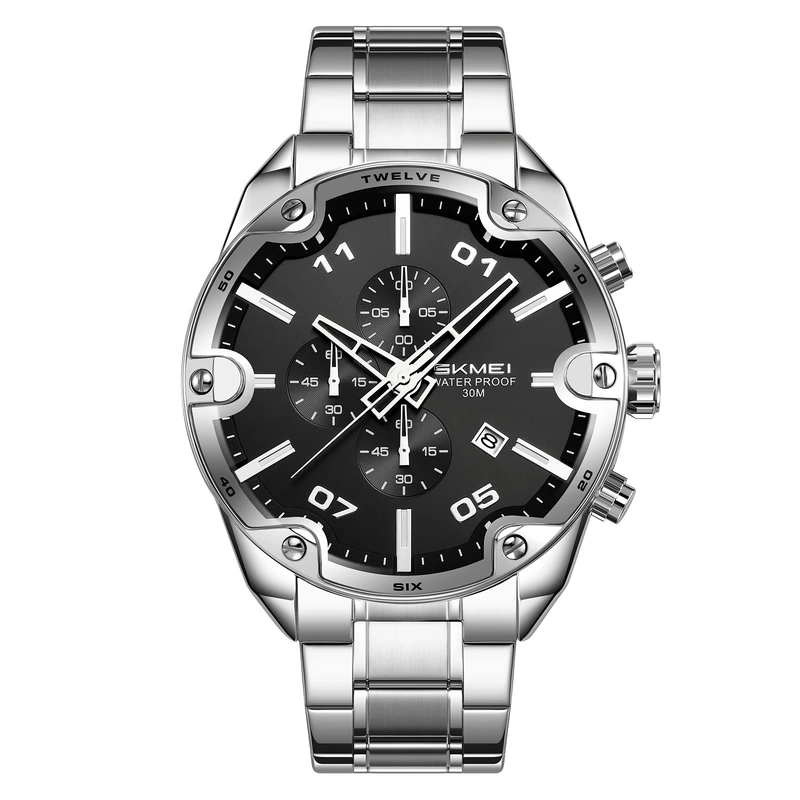 Чоловічий годинник Skmei 9387SIBK Silver-Black зі сріблястим браслетом та хронографом — Skmei