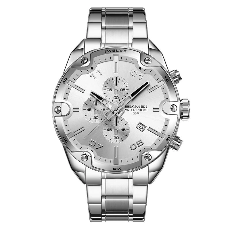Чоловічий класичний годинник Skmei 9387SISI Silver-Silver з хронографом та металевим браслетом — Skmei