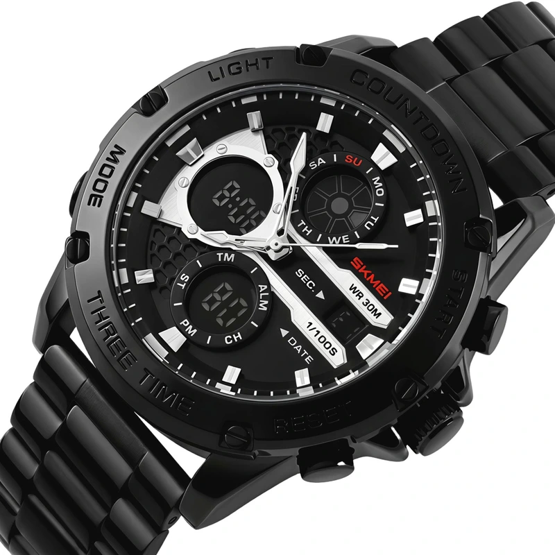 Чоловічий спортивний тактичний годинник Skmei Favourite Black Steel, 2 ремінці