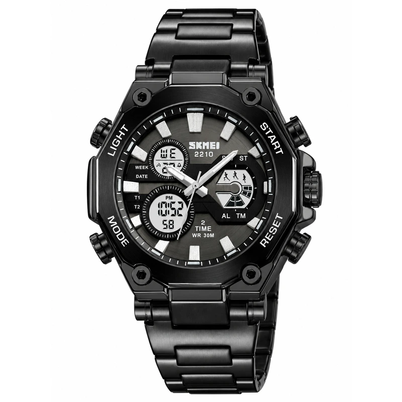 Чоловічий годинник Skmei 2210BK Black з комбінованим циферблатом та металевим браслетом — Skmei