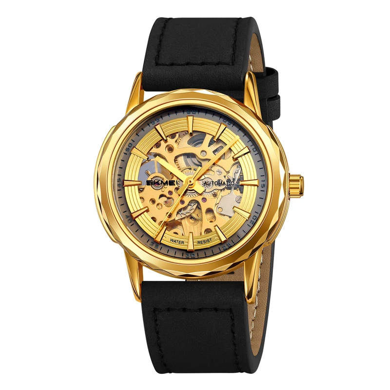 Чоловічий механічний годинник Skmei M035LGDBK Gold-Black Leather з автопідзаводом та шкіряним ремінцем — Skmei