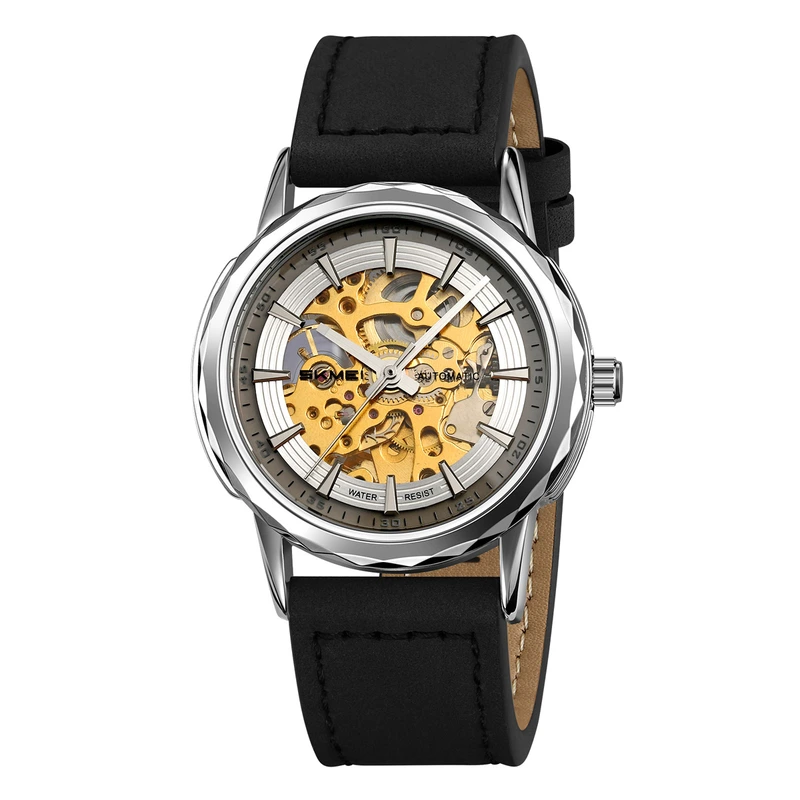 Чоловічий механічний годинник Skmei M035LSIBK Silver-Black Leather з автопідзаводом та шкіряним ремінцем — Skmei