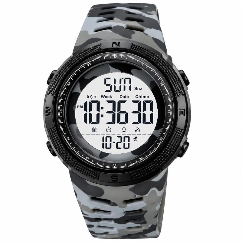 Тактичний спортивний годинник Skmei 2070CMGY Camo Grey-White з електронним циферблатом та підсвічуванням