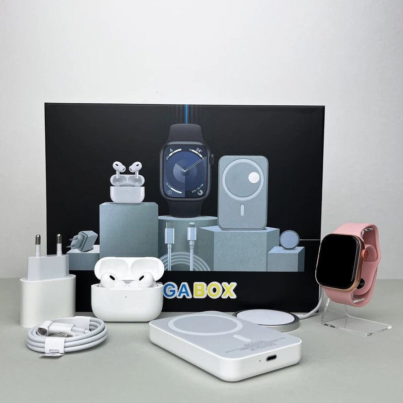 Комплект Megаbox 6в1 - Watch 9 / Air Pro 2 / Battary Pack / MagSafe / 20W Type-С / Кабель 3х / Ремінець (Рожевий)