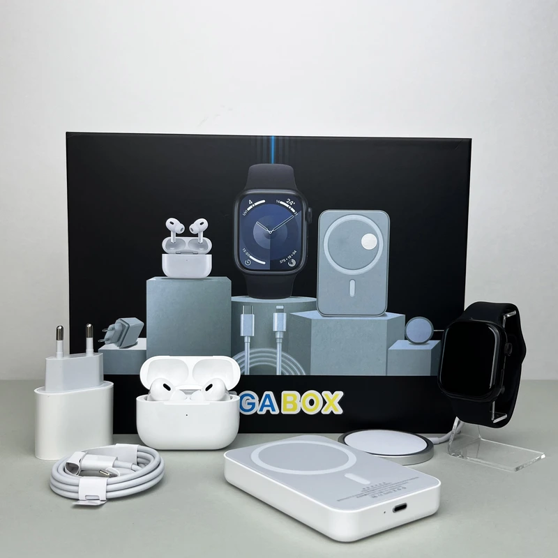 Комплект Megаbox 6в1 - Watch 9 / Air Pro 2 / Battary Pack / MagSafe / 20W Type-С / Кабель 3х / Ремінець (Чорний)