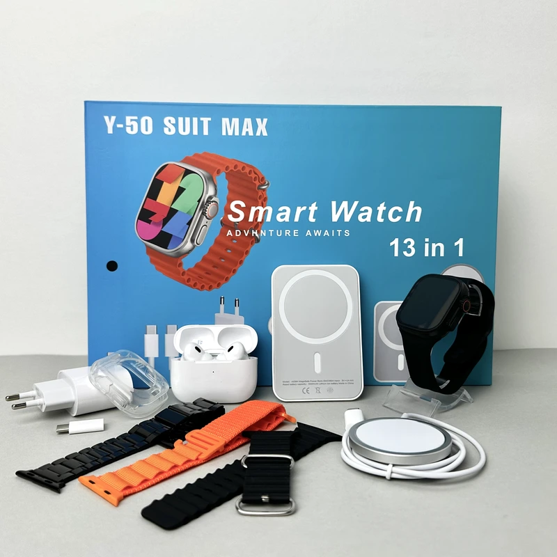 Комплект Y50 Ultra 13в1 - Watch Ultra / Air Pro 2 / Power Bank / MagSafe / 4 ремінці / захисний чохол (Чорний)