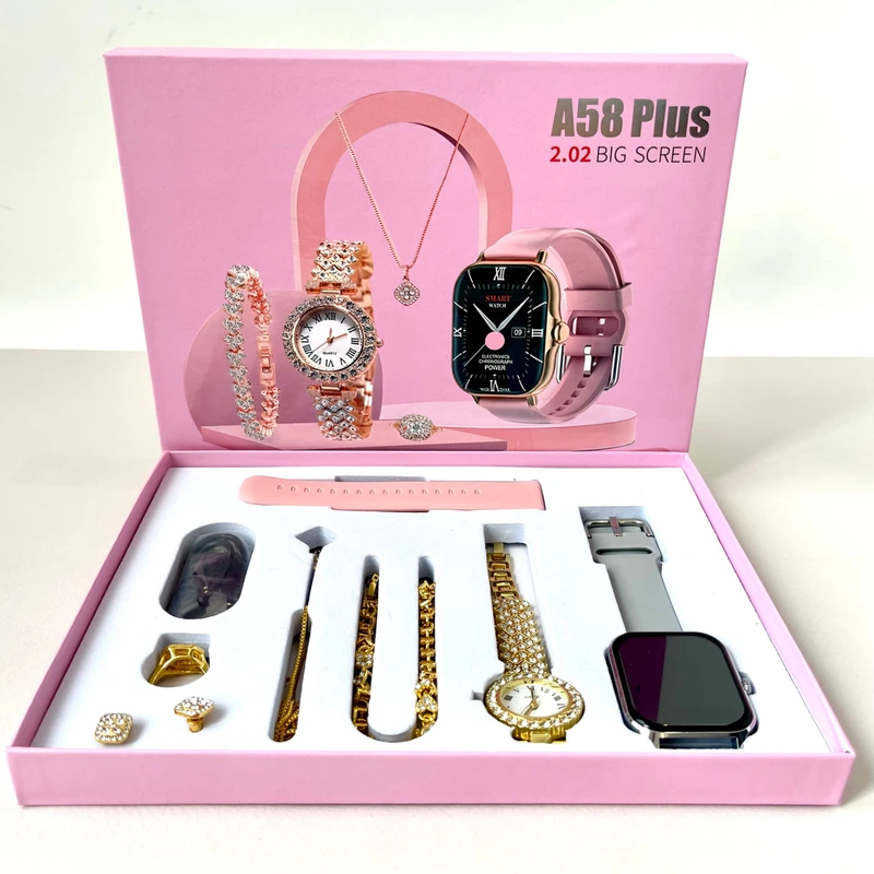 Комплект A58 Plus 7в1 - Smart Watch / Кварцовий годинник / Прикраси / 2 ремінця (Сірий)