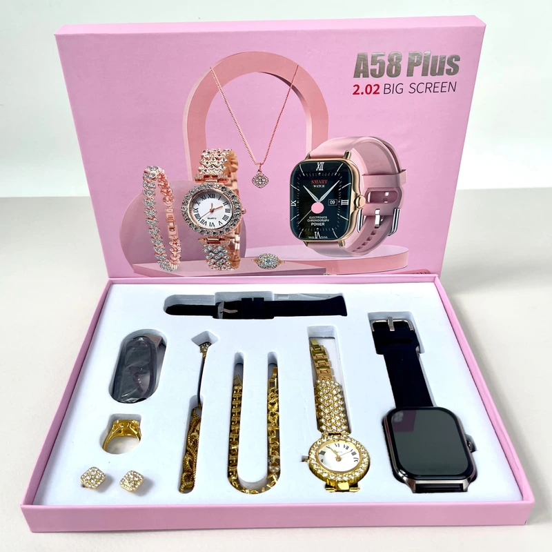 Комплект A58 Plus 7в1 - Smart Watch / Кварцовий годинник / Прикраси / 2 ремінця (Чорний)