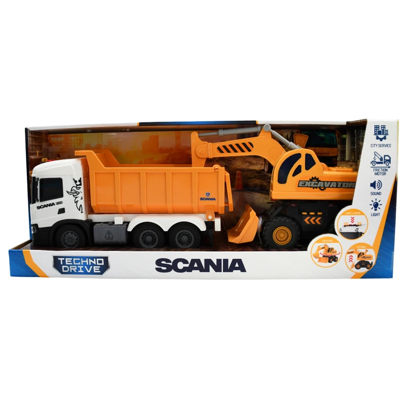 Ігровий набір серії "2 in 1 Truck" – САМОСКИД SCANIA І ЕКСКАВАТОР (світло, звук) — TechnoDrive