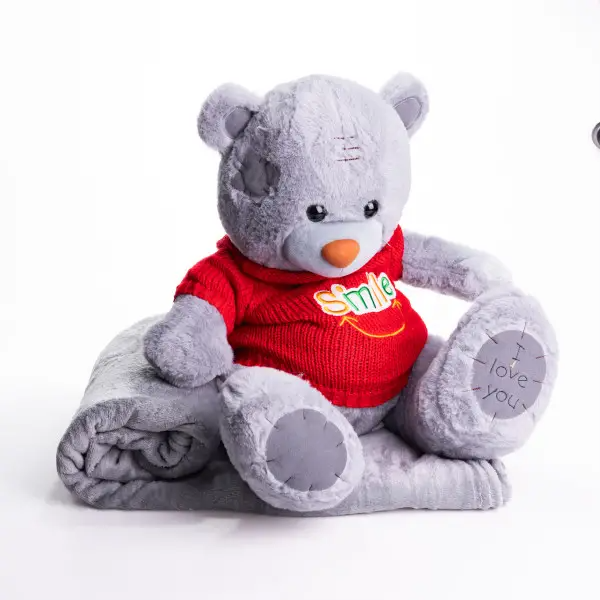 М'яка іграшка з пледом 110х140 см Ведмедик Тедді в червоному светрі сірий 509-35GR