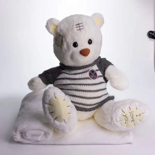 М'яка іграшка з пледом 110х140 см Ведмедик Тедді в смугастому светрі білий 509-35WG