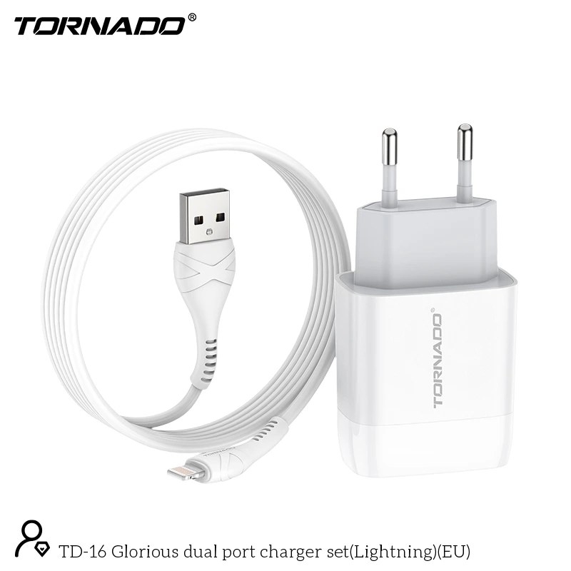 Мережевий зарядний пристрій Tornado TD-16 (2USB/2.4A/1м) + USB кабель Lightning- білий — Tornado
