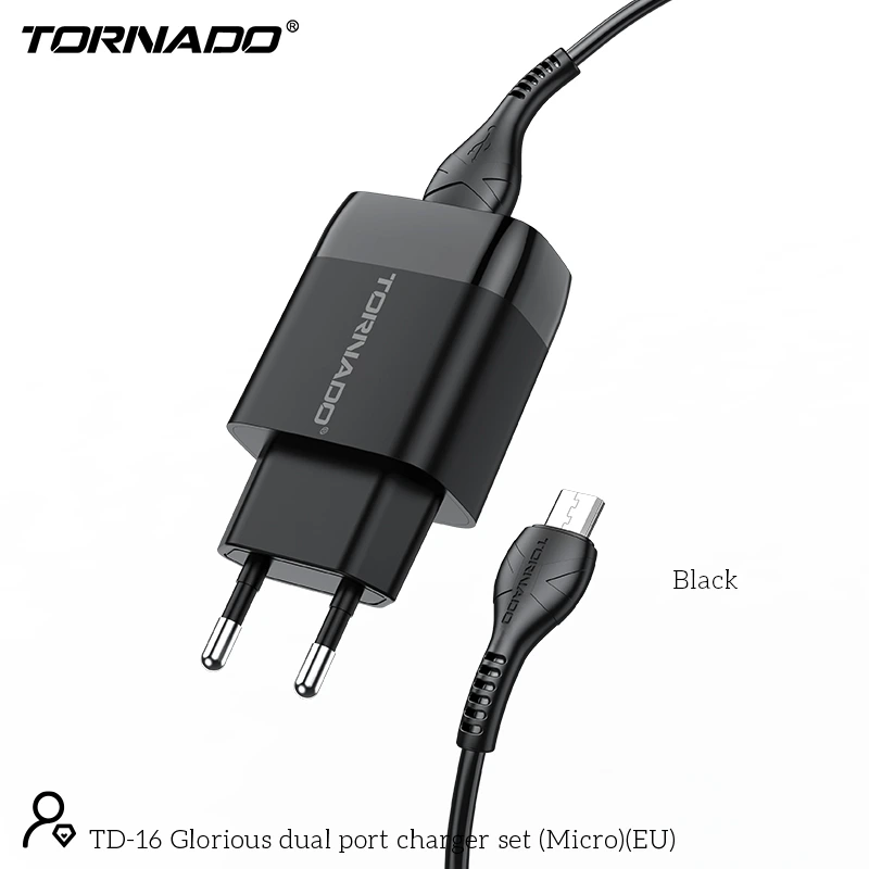 Мережевий зарядний пристрій Tornado TD-16 (2USB/2.4A/1м) + USB кабель Micro- чорний — Tornado