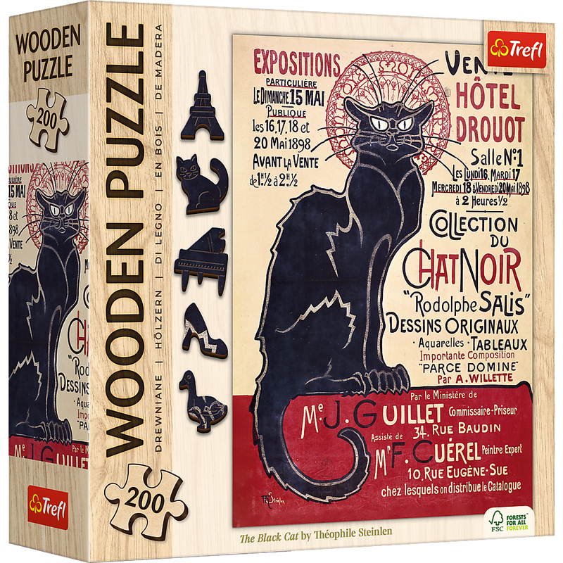 Пазли фігурні з дерева - (200 елм.) - "Чорний кіт - Теофіль Стейнлен" / Trefl — Trefl