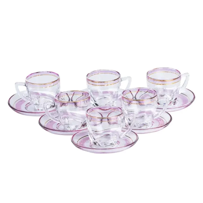 Чашки зі блюдцем скляні прозорі набір на 6 осіб Розовий HP571 — TS Kitchen
