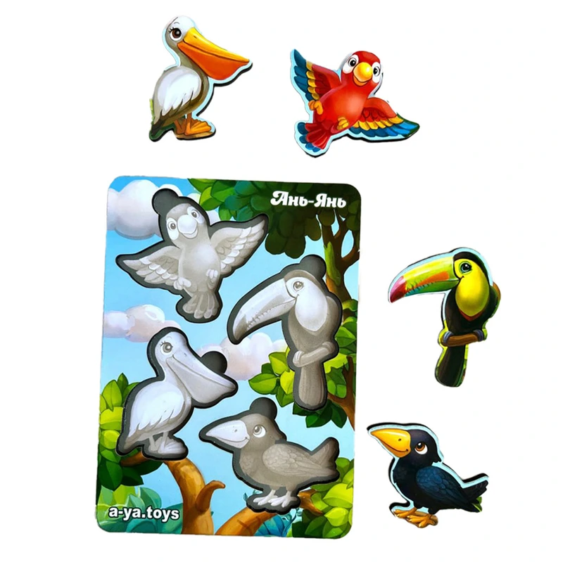 Дерев'яний пазл-вкладиш "Птахи" Ubumblebees (ПСФ062) PSF062 фон із підказкою