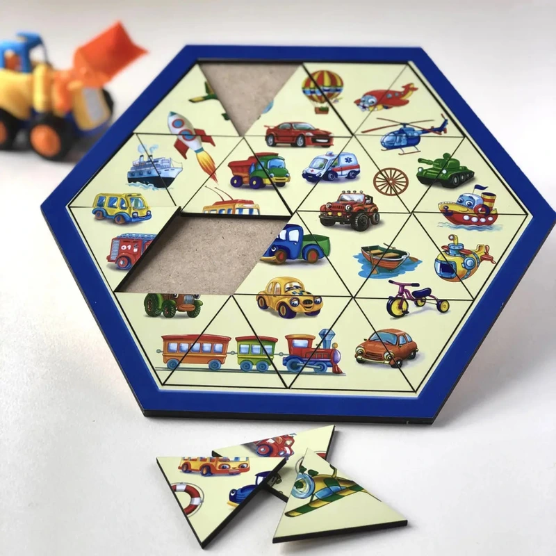 Дерев'яний пазл-головоломка "Транспорт" Ubumblebees (ПСФ024) PSF024 шестикутник