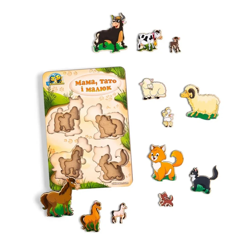 Дерев'яний пазл-вкладиш "Сім'я-домашні тварини" Ubumblebees (ПСД077) PSD077 більше-менше — Ubumblebees