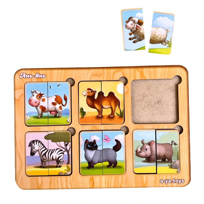 Дерев'яний пазл-сортер "Дивовижні звірятка" Ubumblebees (ПСФ090) PSF090, 6 картинок тварин — Ubumblebees